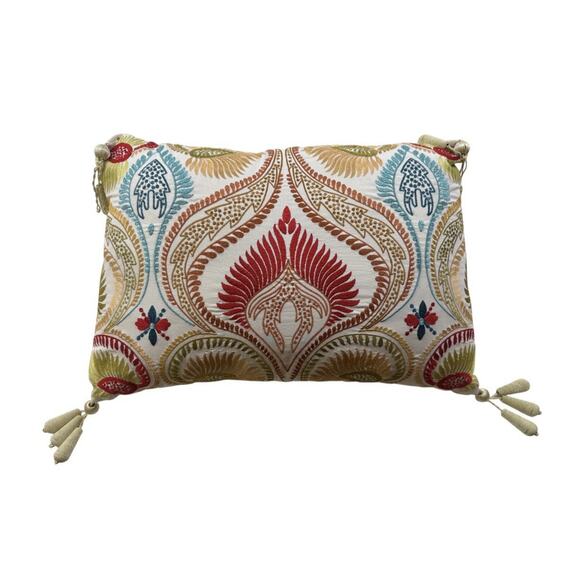 Pier 1 Imports Pillow Embroidered Boho India Feathers Floral Tassels 14×18 - Picture 1 of 14